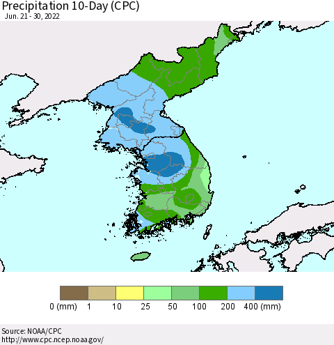 Korea Precipitation 10-Day (CPC) Thematic Map For 6/21/2022 - 6/30/2022