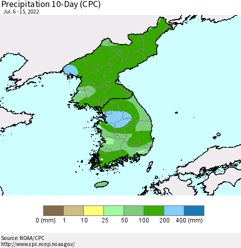 Korea Precipitation 10-Day (CPC) Thematic Map For 7/6/2022 - 7/15/2022