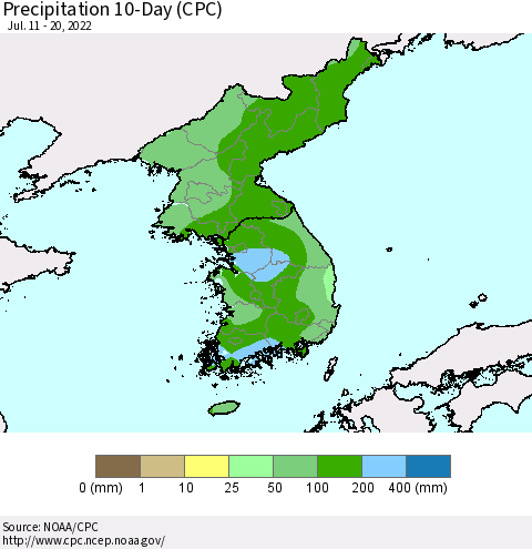 Korea Precipitation 10-Day (CPC) Thematic Map For 7/11/2022 - 7/20/2022