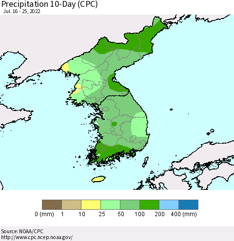 Korea Precipitation 10-Day (CPC) Thematic Map For 7/16/2022 - 7/25/2022