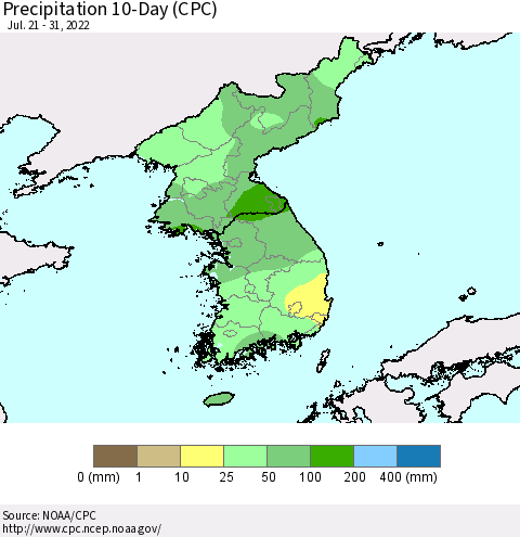 Korea Precipitation 10-Day (CPC) Thematic Map For 7/21/2022 - 7/31/2022