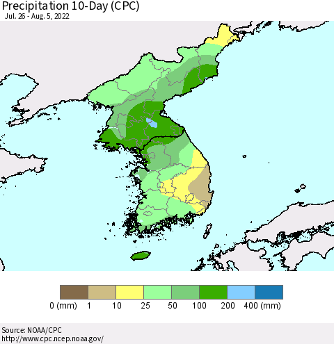 Korea Precipitation 10-Day (CPC) Thematic Map For 7/26/2022 - 8/5/2022