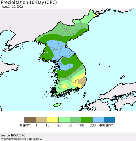 Korea Precipitation 10-Day (CPC) Thematic Map For 8/1/2022 - 8/10/2022