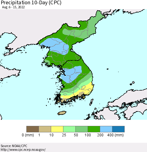 Korea Precipitation 10-Day (CPC) Thematic Map For 8/6/2022 - 8/15/2022