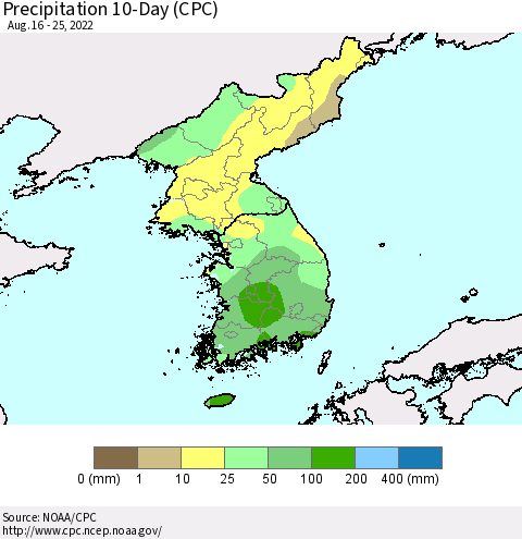 Korea Precipitation 10-Day (CPC) Thematic Map For 8/16/2022 - 8/25/2022