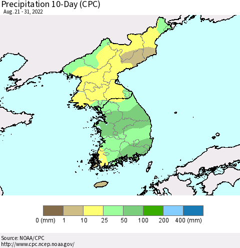 Korea Precipitation 10-Day (CPC) Thematic Map For 8/21/2022 - 8/31/2022