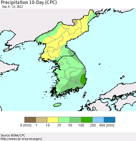 Korea Precipitation 10-Day (CPC) Thematic Map For 9/6/2022 - 9/15/2022