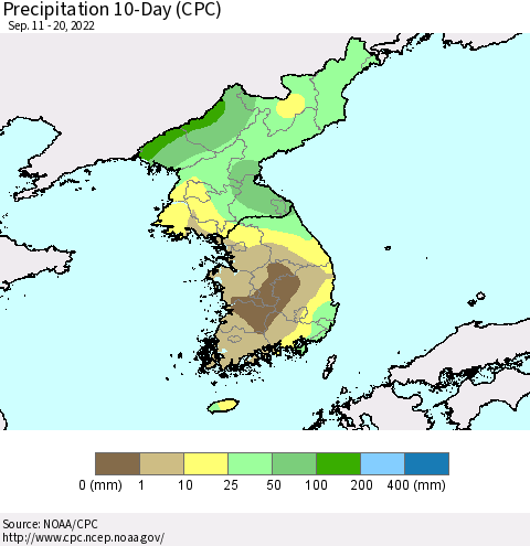 Korea Precipitation 10-Day (CPC) Thematic Map For 9/11/2022 - 9/20/2022