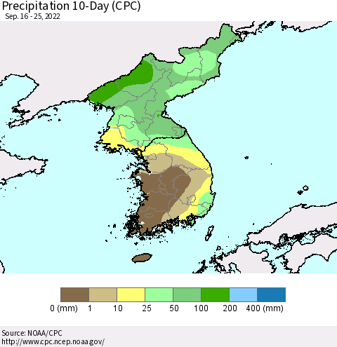 Korea Precipitation 10-Day (CPC) Thematic Map For 9/16/2022 - 9/25/2022