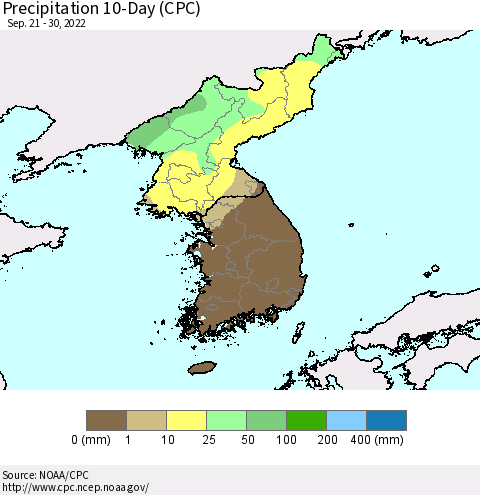 Korea Precipitation 10-Day (CPC) Thematic Map For 9/21/2022 - 9/30/2022