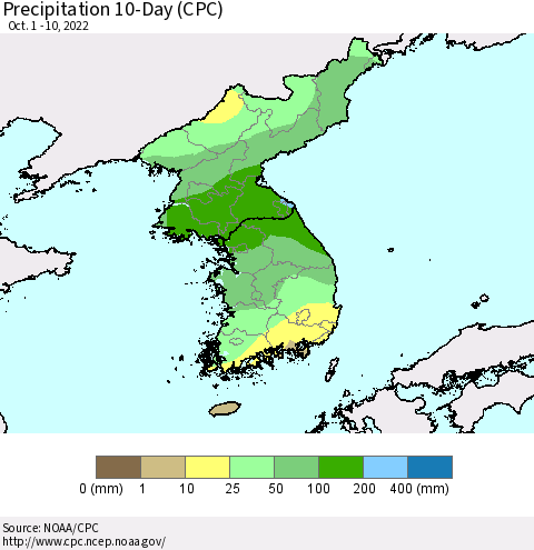Korea Precipitation 10-Day (CPC) Thematic Map For 10/1/2022 - 10/10/2022