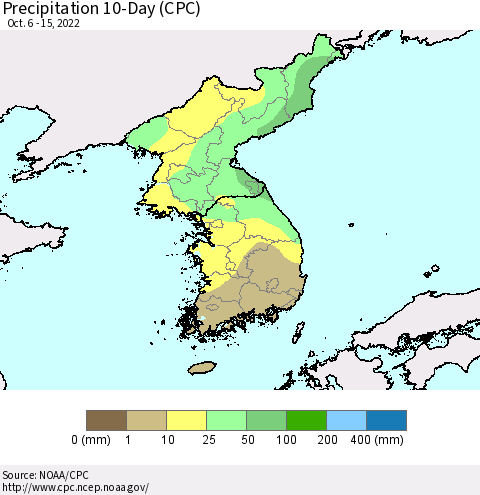 Korea Precipitation 10-Day (CPC) Thematic Map For 10/6/2022 - 10/15/2022
