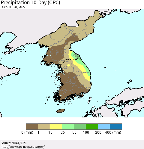 Korea Precipitation 10-Day (CPC) Thematic Map For 10/21/2022 - 10/31/2022