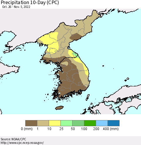 Korea Precipitation 10-Day (CPC) Thematic Map For 10/26/2022 - 11/5/2022