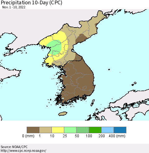 Korea Precipitation 10-Day (CPC) Thematic Map For 11/1/2022 - 11/10/2022