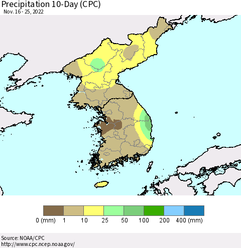 Korea Precipitation 10-Day (CPC) Thematic Map For 11/16/2022 - 11/25/2022