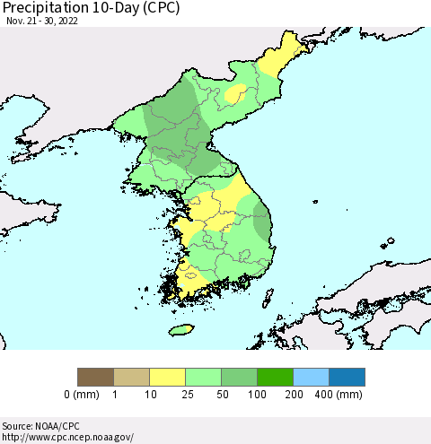 Korea Precipitation 10-Day (CPC) Thematic Map For 11/21/2022 - 11/30/2022