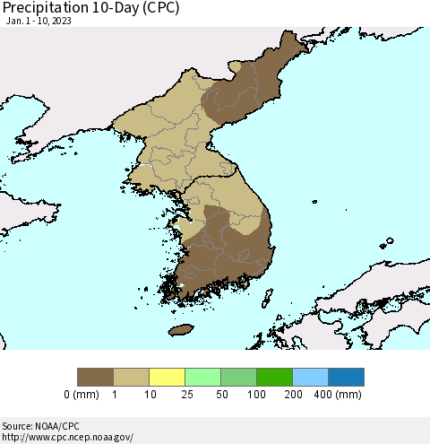 Korea Precipitation 10-Day (CPC) Thematic Map For 1/1/2023 - 1/10/2023