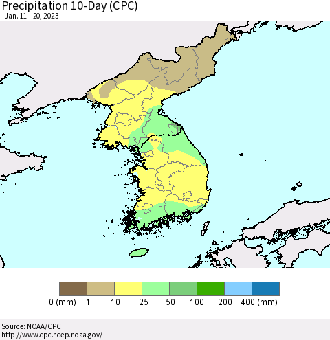 Korea Precipitation 10-Day (CPC) Thematic Map For 1/11/2023 - 1/20/2023