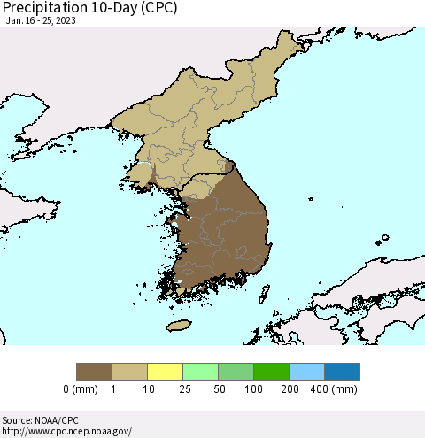 Korea Precipitation 10-Day (CPC) Thematic Map For 1/16/2023 - 1/25/2023