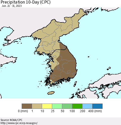 Korea Precipitation 10-Day (CPC) Thematic Map For 1/21/2023 - 1/31/2023
