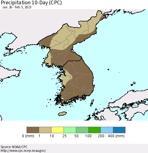 Korea Precipitation 10-Day (CPC) Thematic Map For 1/26/2023 - 2/5/2023