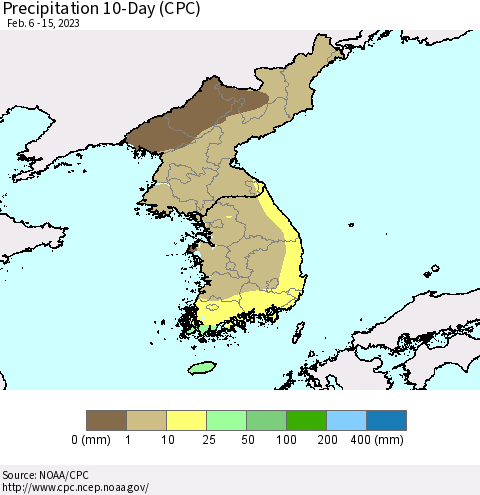 Korea Precipitation 10-Day (CPC) Thematic Map For 2/6/2023 - 2/15/2023