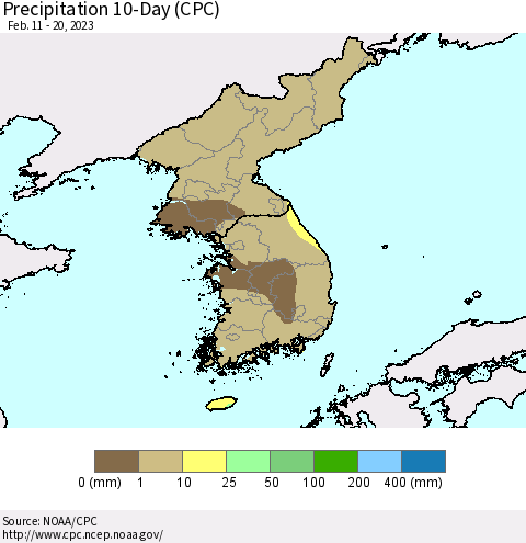 Korea Precipitation 10-Day (CPC) Thematic Map For 2/11/2023 - 2/20/2023
