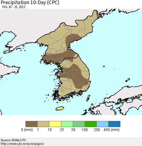 Korea Precipitation 10-Day (CPC) Thematic Map For 2/16/2023 - 2/25/2023