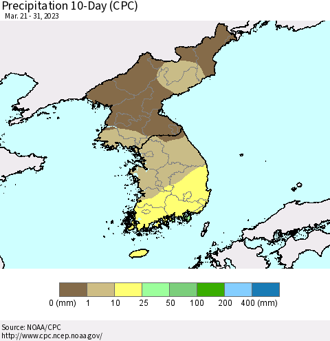 Korea Precipitation 10-Day (CPC) Thematic Map For 3/21/2023 - 3/31/2023