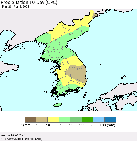 Korea Precipitation 10-Day (CPC) Thematic Map For 3/26/2023 - 4/5/2023