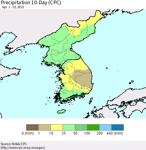 Korea Precipitation 10-Day (CPC) Thematic Map For 4/1/2023 - 4/10/2023