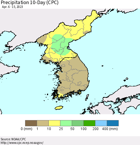Korea Precipitation 10-Day (CPC) Thematic Map For 4/6/2023 - 4/15/2023