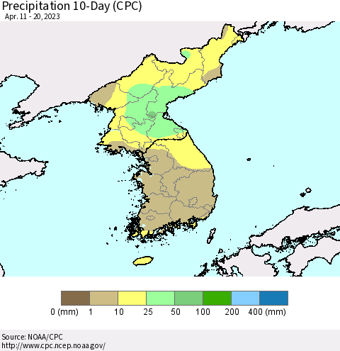 Korea Precipitation 10-Day (CPC) Thematic Map For 4/11/2023 - 4/20/2023