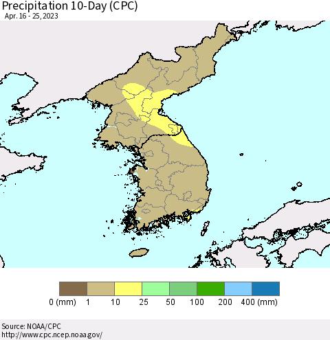 Korea Precipitation 10-Day (CPC) Thematic Map For 4/16/2023 - 4/25/2023