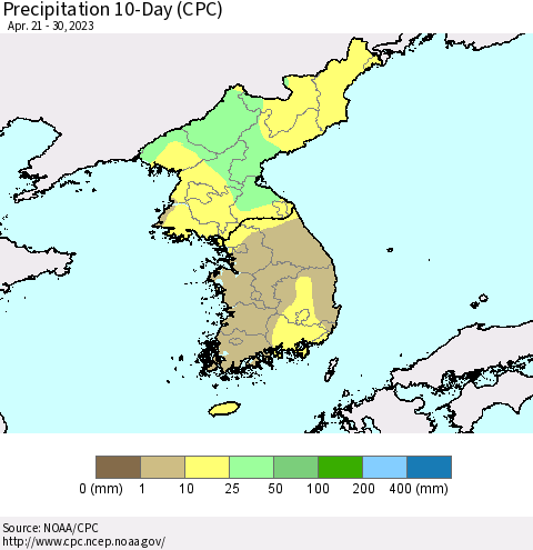 Korea Precipitation 10-Day (CPC) Thematic Map For 4/21/2023 - 4/30/2023