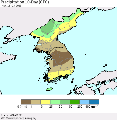 Korea Precipitation 10-Day (CPC) Thematic Map For 5/16/2023 - 5/25/2023