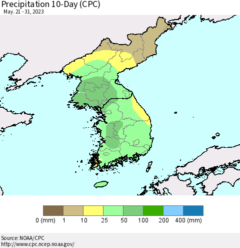 Korea Precipitation 10-Day (CPC) Thematic Map For 5/21/2023 - 5/31/2023