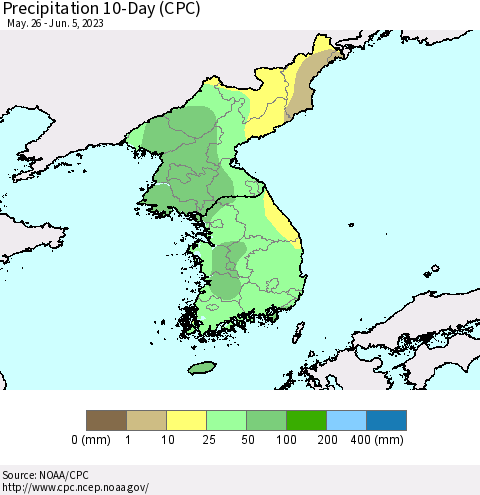 Korea Precipitation 10-Day (CPC) Thematic Map For 5/26/2023 - 6/5/2023