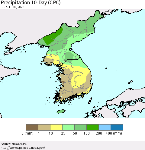 Korea Precipitation 10-Day (CPC) Thematic Map For 6/1/2023 - 6/10/2023
