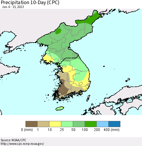 Korea Precipitation 10-Day (CPC) Thematic Map For 6/6/2023 - 6/15/2023