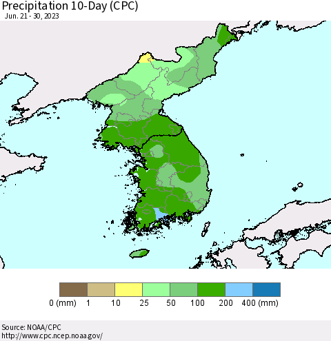 Korea Precipitation 10-Day (CPC) Thematic Map For 6/21/2023 - 6/30/2023
