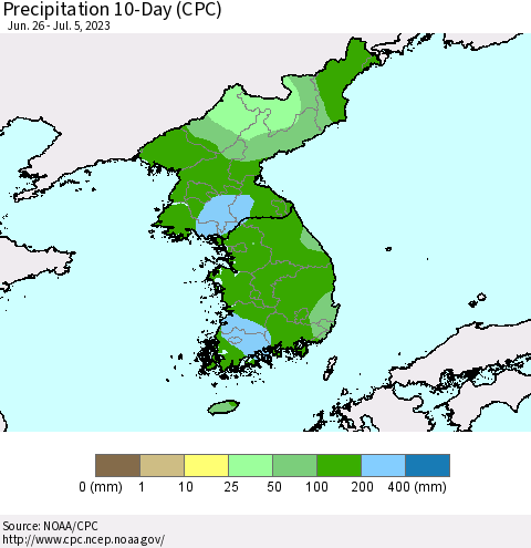 Korea Precipitation 10-Day (CPC) Thematic Map For 6/26/2023 - 7/5/2023