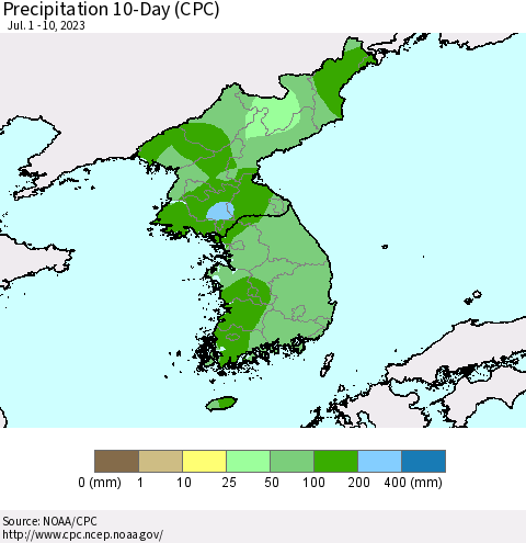 Korea Precipitation 10-Day (CPC) Thematic Map For 7/1/2023 - 7/10/2023