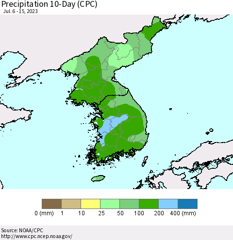 Korea Precipitation 10-Day (CPC) Thematic Map For 7/6/2023 - 7/15/2023