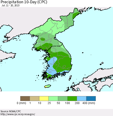 Korea Precipitation 10-Day (CPC) Thematic Map For 7/11/2023 - 7/20/2023