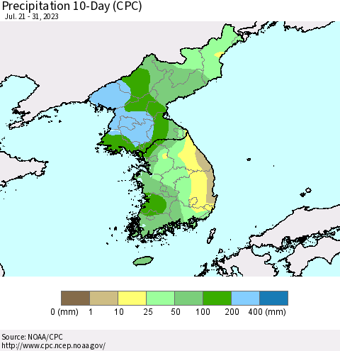 Korea Precipitation 10-Day (CPC) Thematic Map For 7/21/2023 - 7/31/2023