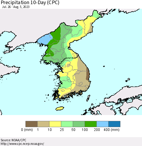 Korea Precipitation 10-Day (CPC) Thematic Map For 7/26/2023 - 8/5/2023