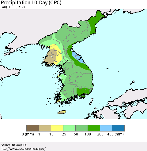 Korea Precipitation 10-Day (CPC) Thematic Map For 8/1/2023 - 8/10/2023