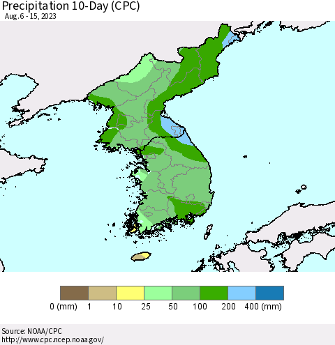 Korea Precipitation 10-Day (CPC) Thematic Map For 8/6/2023 - 8/15/2023